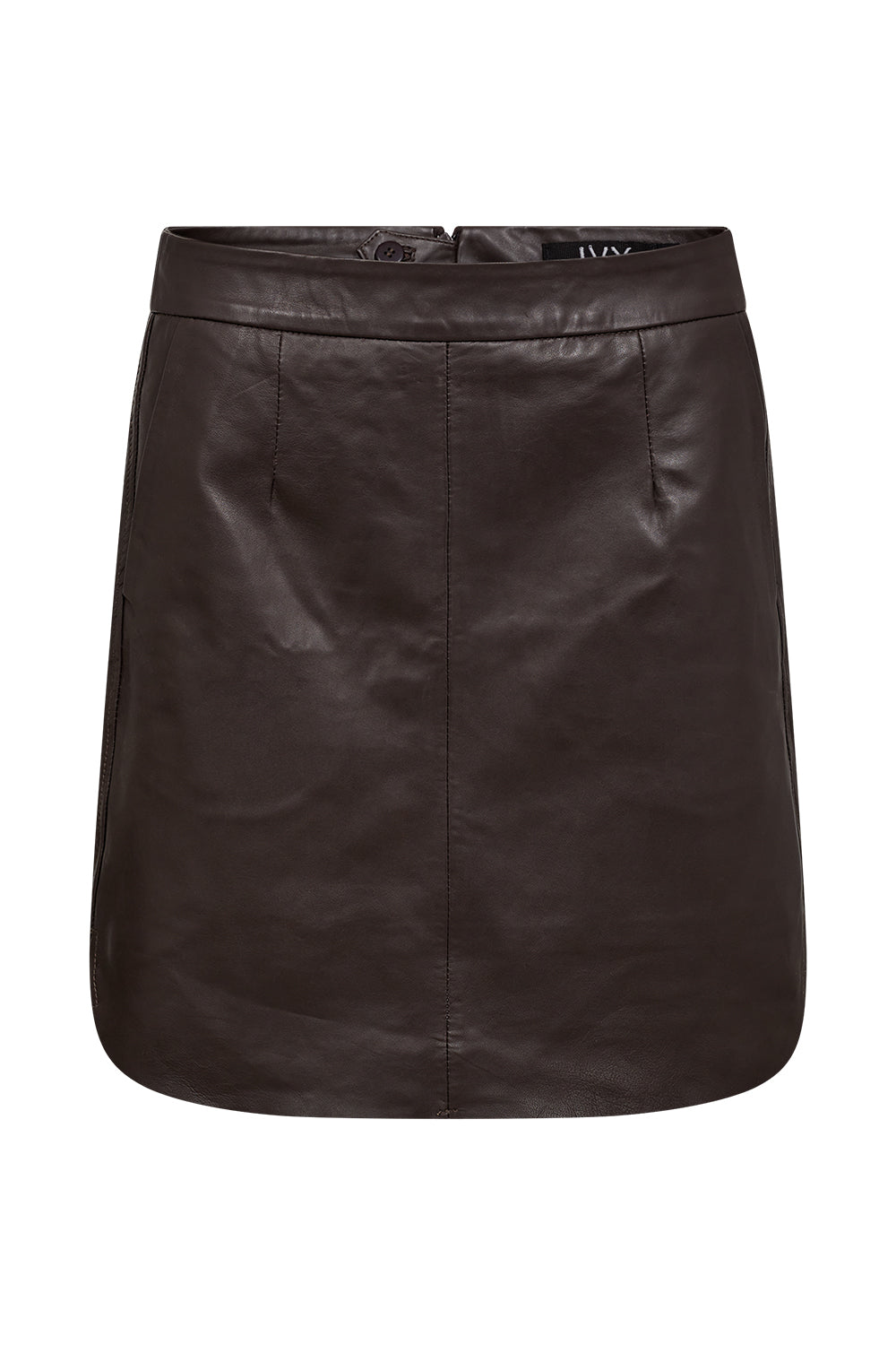 IVY-Kylie miniskirt i ægte lammeskind i farven Expresso Brown med høj talje og A-formet snit.