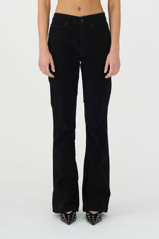 IVY-Tara Flare Jeans i sort babyfløjl med midt-talje, skinny fit og flare-ben.

