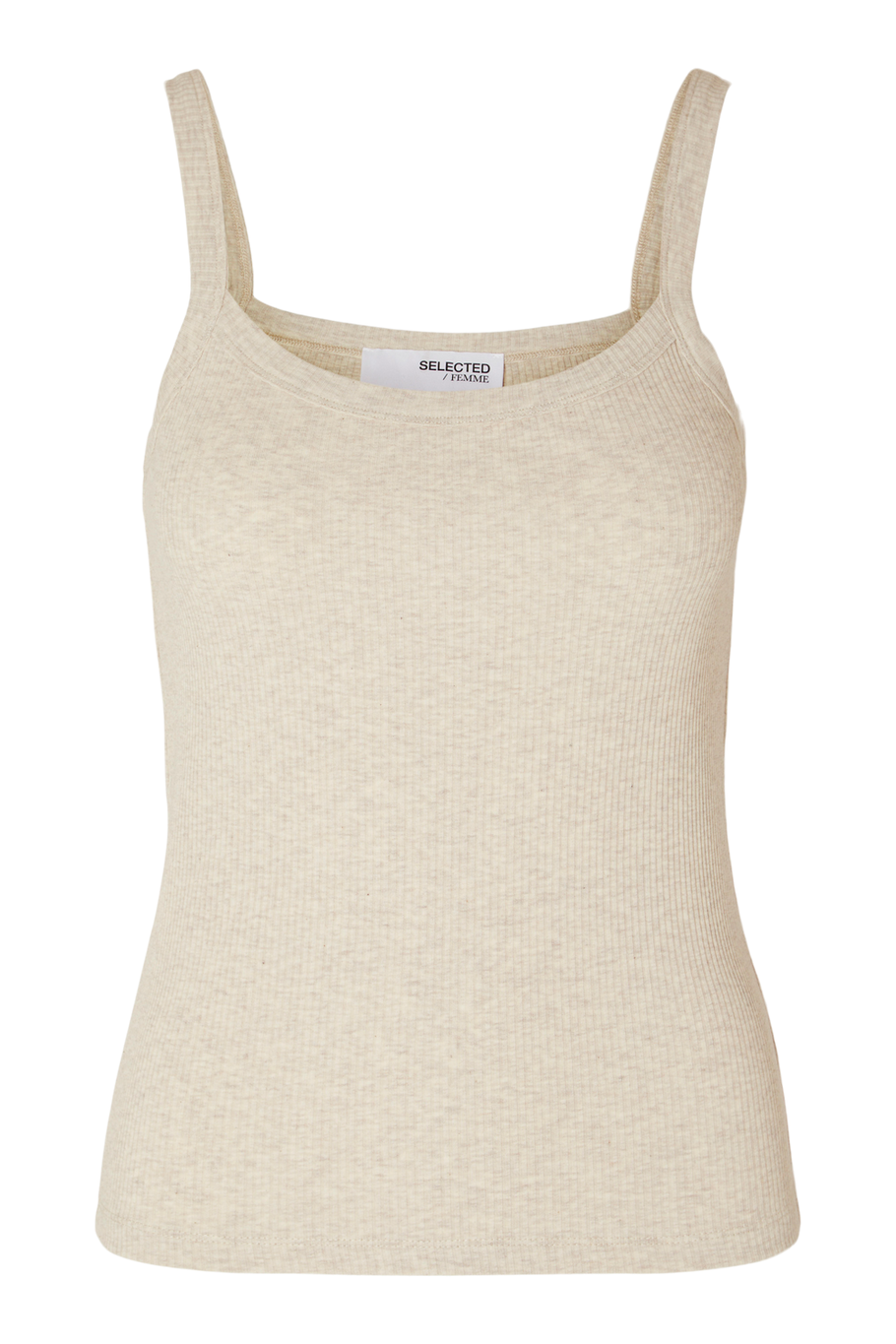 Selected Femme Celica Anna Strap Tank Top i oatmeal melange med brede stropper, U-hals og slim fit i økologisk bomuld.
