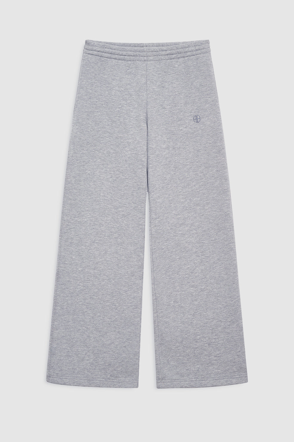 Anine Bing Kacey Sweatpant Monogram – Medium Heather Grey. Wide-leg joggingbukser i French terry bomuld med elastisk talje, skjult snøre, sidelommer og tonalt monogram.
