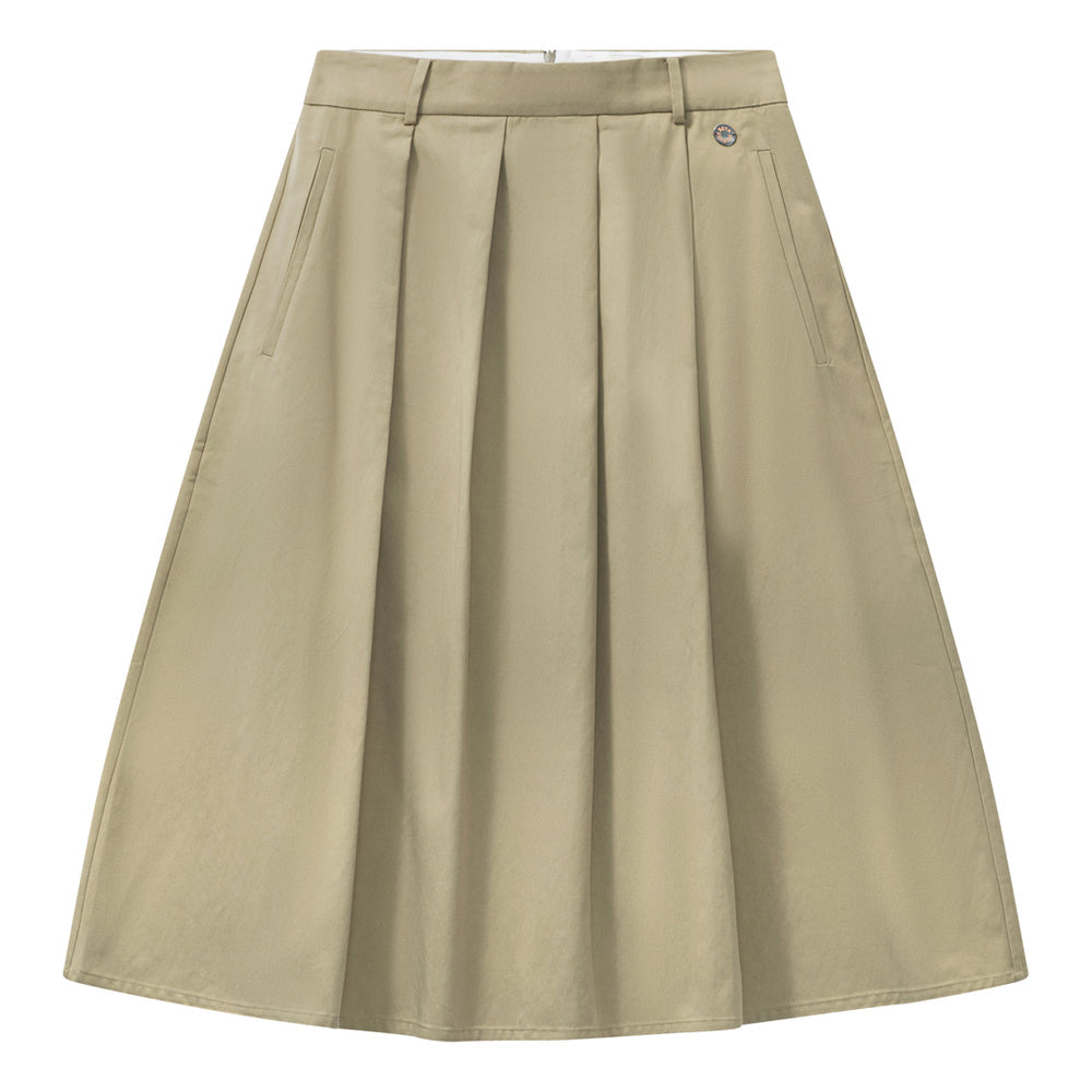 Beta Studios Kornelia Skirt i army khaki – midi A-formet nederdel med læg og lynlås bagpå.