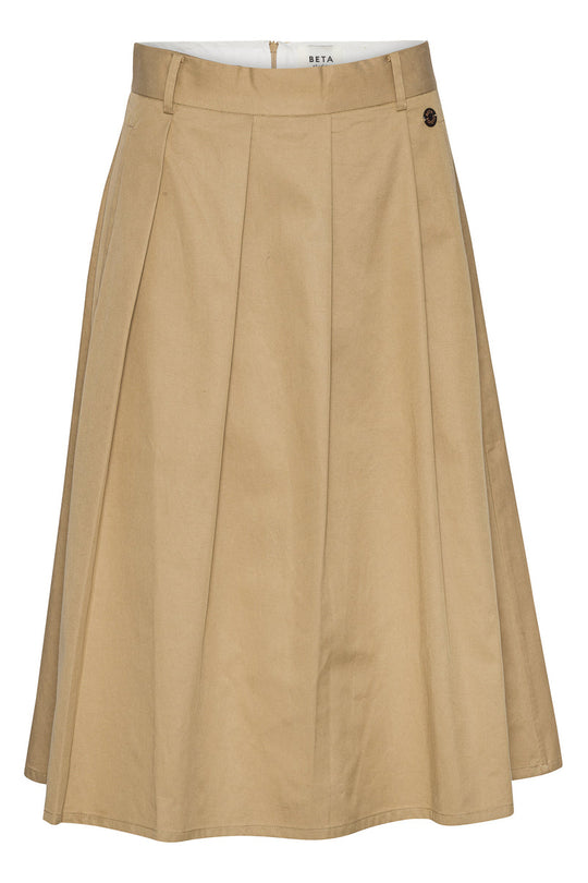 Beta Studios Kornelia Skirt i safari – midi A-formet nederdel med læg og lynlås bagpå.