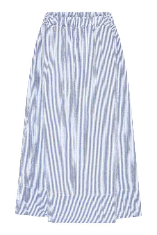 La Rouge Lou Skirt – A-skåret sommernederdel i bomuld med elastisk talje og sidelommer. Let og elegant i blåfarvede striber. 