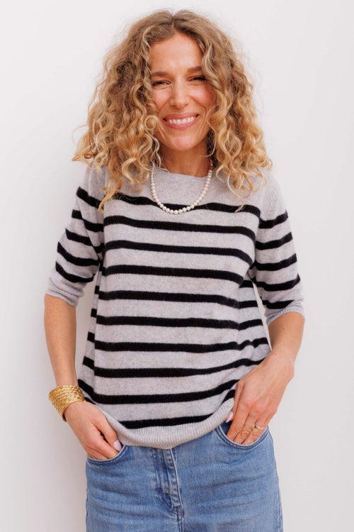 Beta Studios | Striktrøje | Bianca Striped Lady Sleeve, light grey melange/black