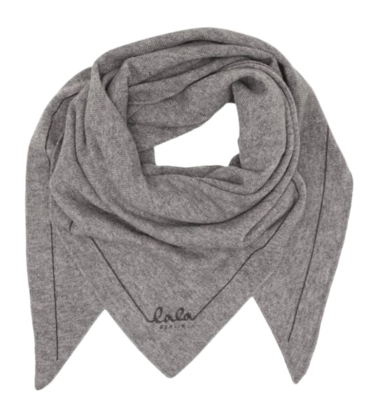 Lala Berlin Triangle Solid Logo M Tørklæde – luksuriøst trekantet cashmere tørklæde i City Middle Grey Melange med subtilt LALA BERLIN logo.