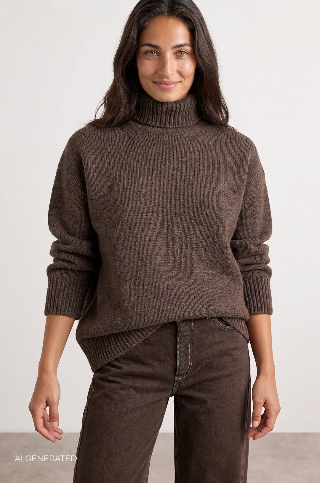 Leveté Room Perle 3 brun pullover på model med rullekrave og lange ærmer