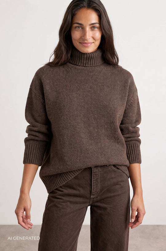 Leveté Room Perle 3 brun pullover på model med rullekrave og lange ærmer