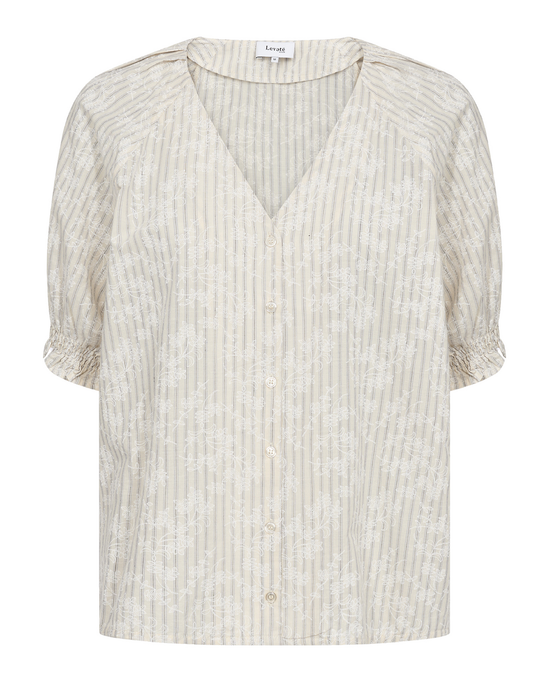 Leveté Room Percy 2 bluse – stribet bluse med V-hals, knapper og korte ærmer.
