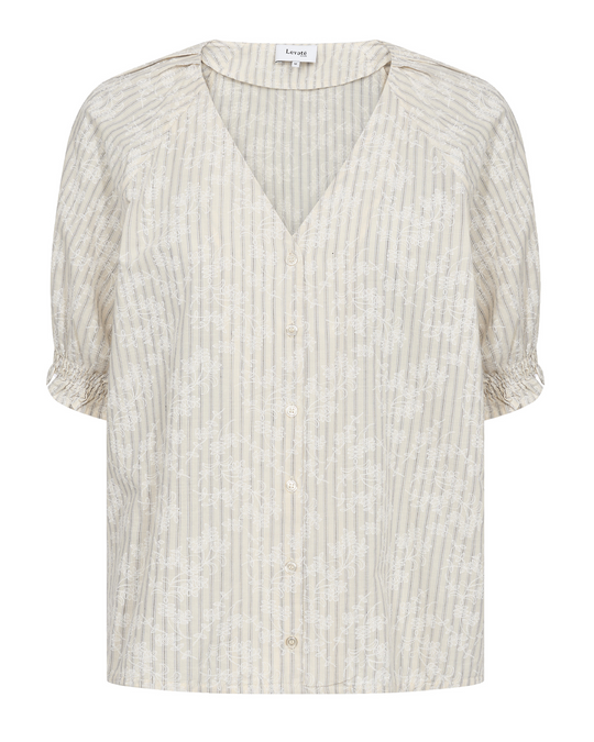 Leveté Room Percy 2 bluse – stribet bluse med V-hals, knapper og korte ærmer.
