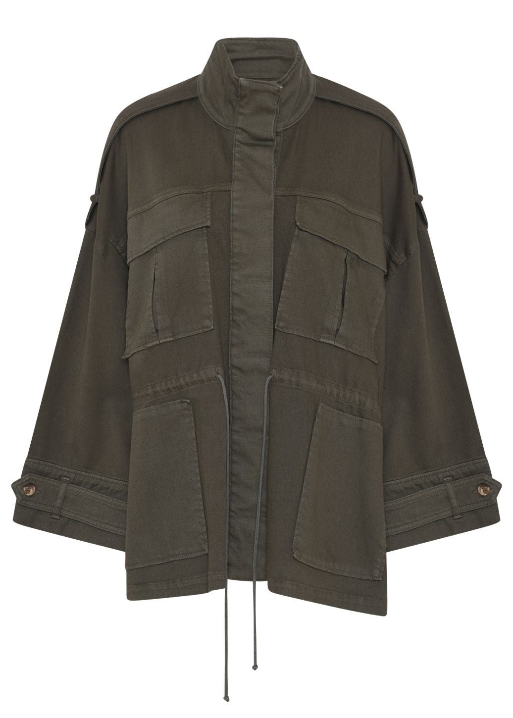La Rouge Line oversized jakke i hunter green med lommer og bindebånd i taljen.