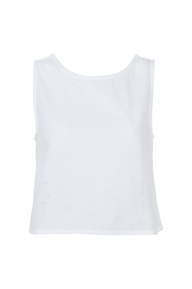 Basic Apparel Lotus Top i 100 % økologisk bomuld med broderet stof, bindebånd til to stylingmuligheder og afslappet fit. Bæredygtig og alsidig top. 