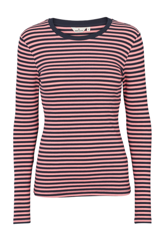 Basic Apparel Ludmilla LS Tee i sky captain/conch shell – tætsiddende langærmet bluse i GOTS-certificeret økologisk bomuld med ribstruktur og stræk. 