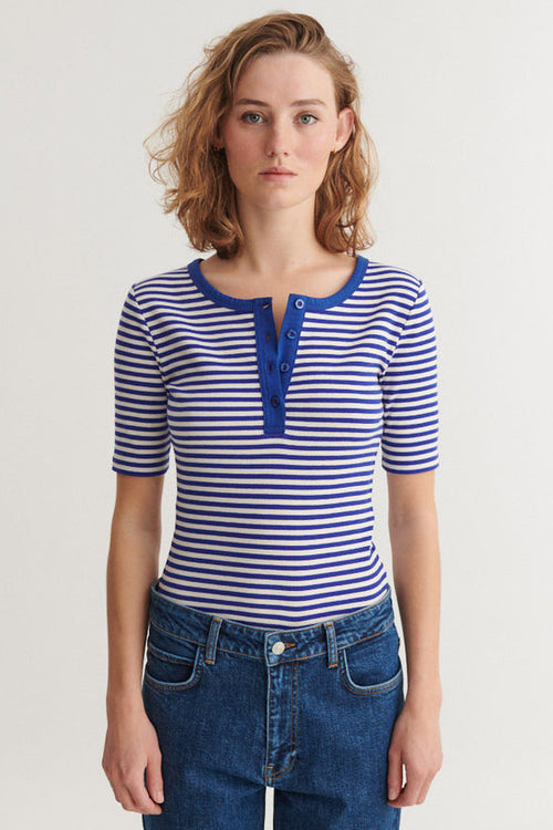 Basic Apparel | T-shirt | Ludmilla SS Stripe Granddad, sodalite blue/whisper white