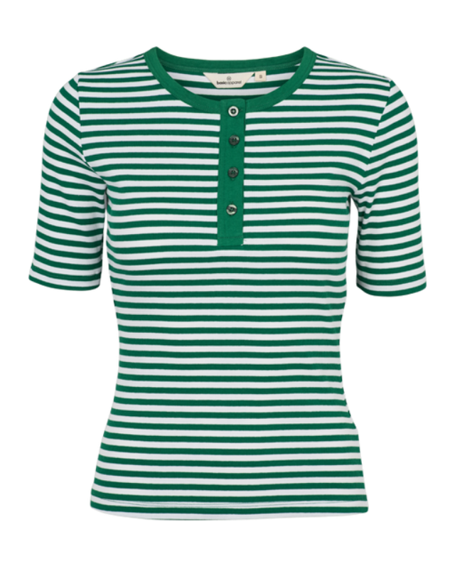 Basic Apparel Ludmilla Stripe T-shirt – stribet T-shirt med knapper og korte ærmer.