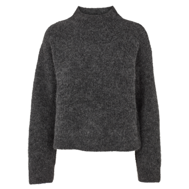 Basic Apparel Magna H. Neck Sweater i dark grey melange - Blød sweater med høj hals i ansvarlige materialer