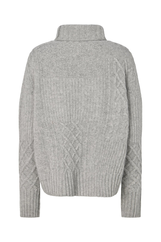 Rabens Saloner Anli Patchwork Knit sweater i lysegrå melange detalje af materialet