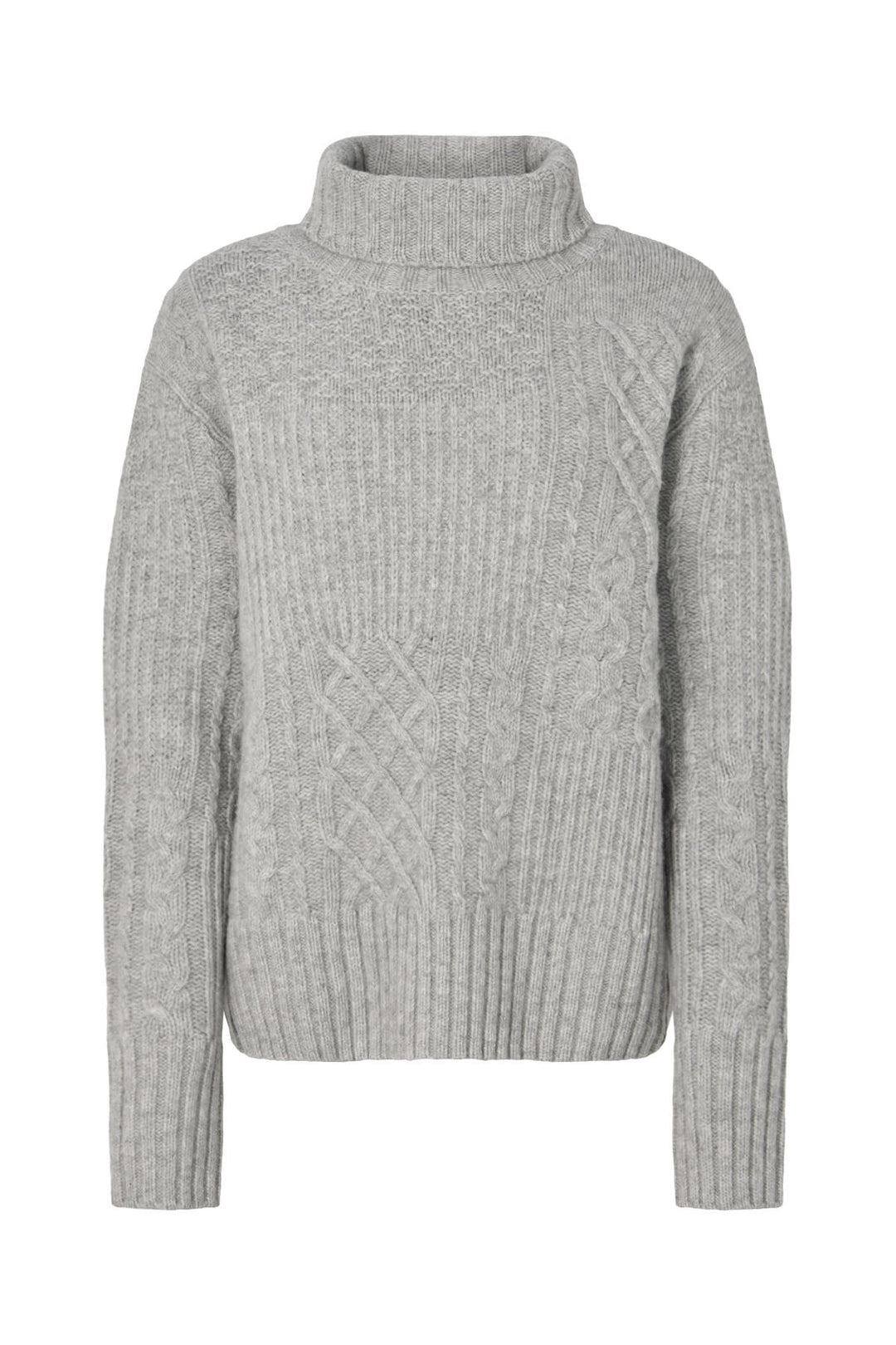 Rabens Saloner Anli Patchwork Knit sweater i lysegrå melange set bagfra