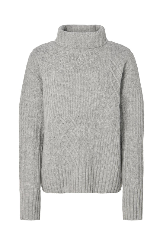 Rabens Saloner Anli Patchwork Knit sweater i lysegrå melange set bagfra