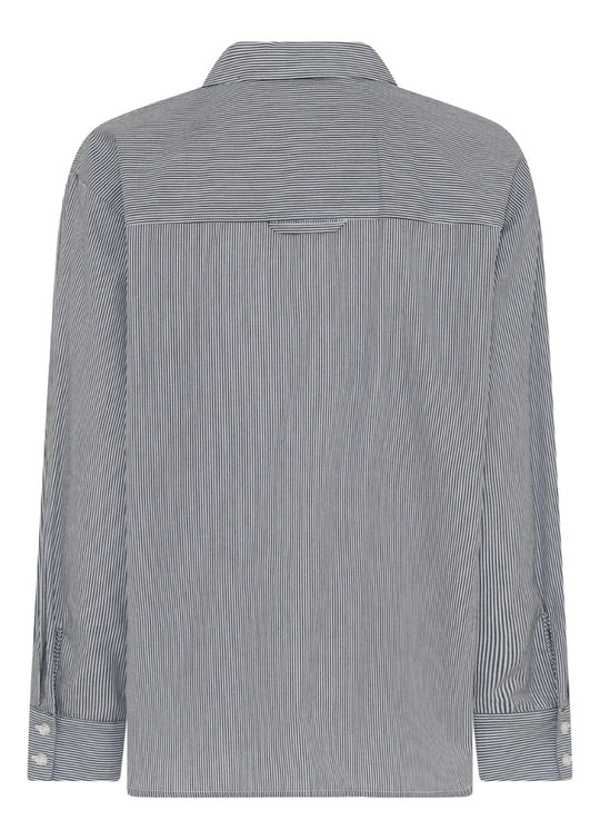 La Rouge Petra Shirt i Black/White Stripe – afslappet skjorte i 100% bomuld med klassisk krave og rødt LA ROUGE-logo.

