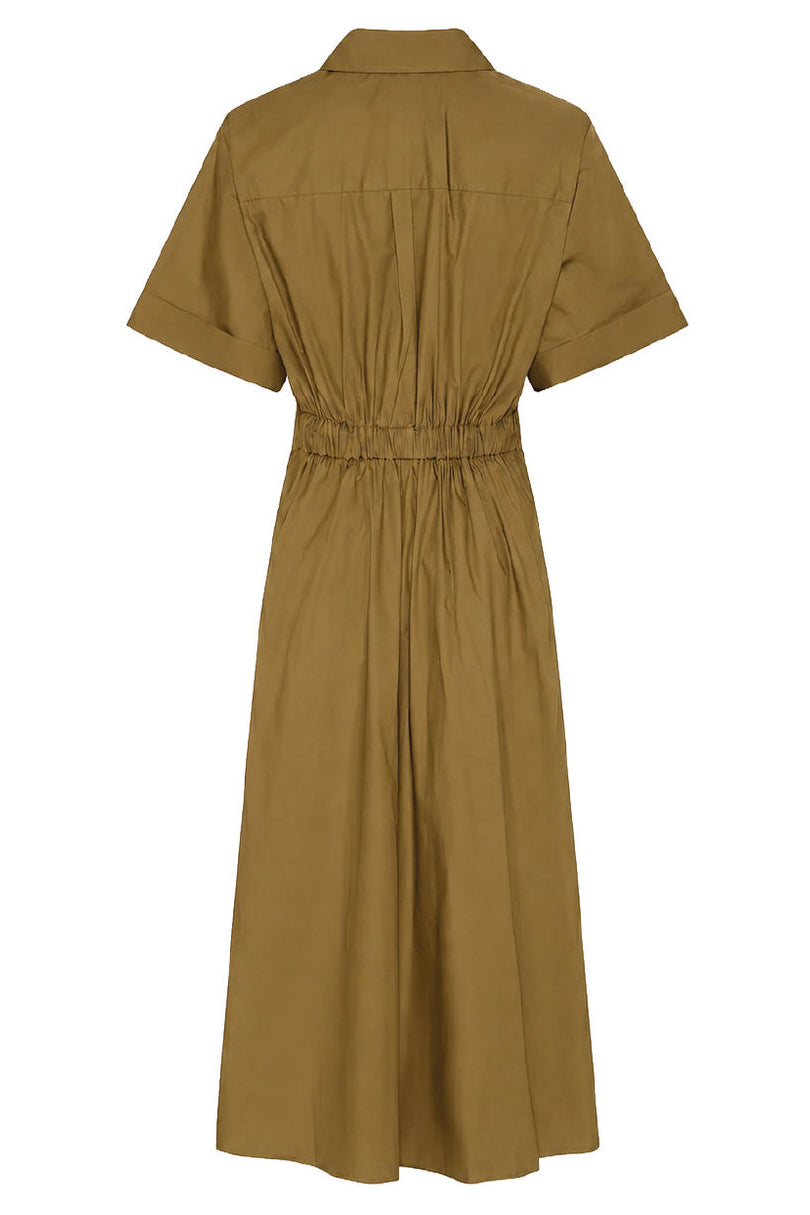 La Rouge Pia Dress S/S i khaki med korte ærmer og V-udskæring.
