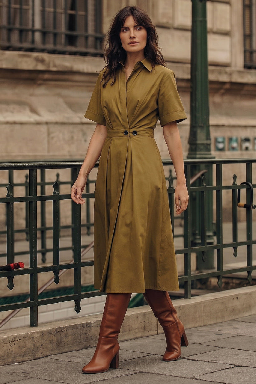 La Rouge Pia Dress S/S i khaki med korte ærmer og V-udskæring.