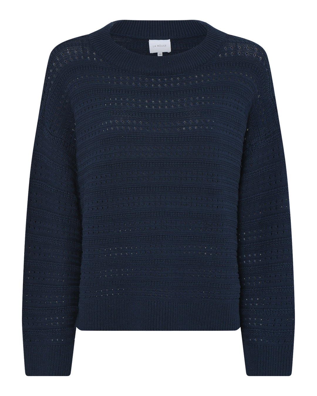 La Rouge Rosalie Knit Sweater i Navy – Trendy Strik med Hulmønster