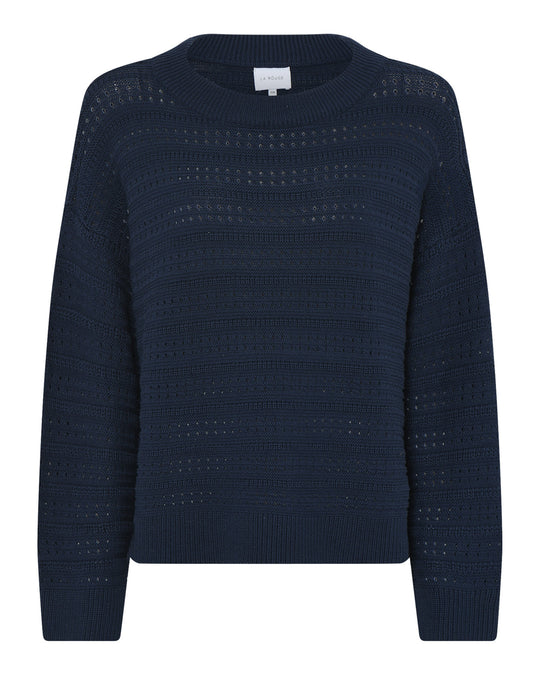 La Rouge Rosalie Knit Sweater i Navy – Trendy Strik med Hulmønster