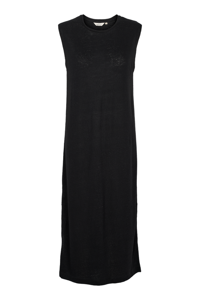 Basic Apparel Ryda Tank Dress i sort – ankellang, ærmeløs kjole med rund hals, løst fit og slidser i siden i let hør- og viskoseblanding.
