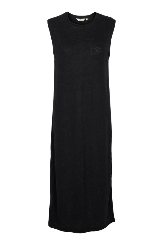 Basic Apparel Ryda Tank Dress i sort – ankellang, ærmeløs kjole med rund hals, løst fit og slidser i siden i let hør- og viskoseblanding.
