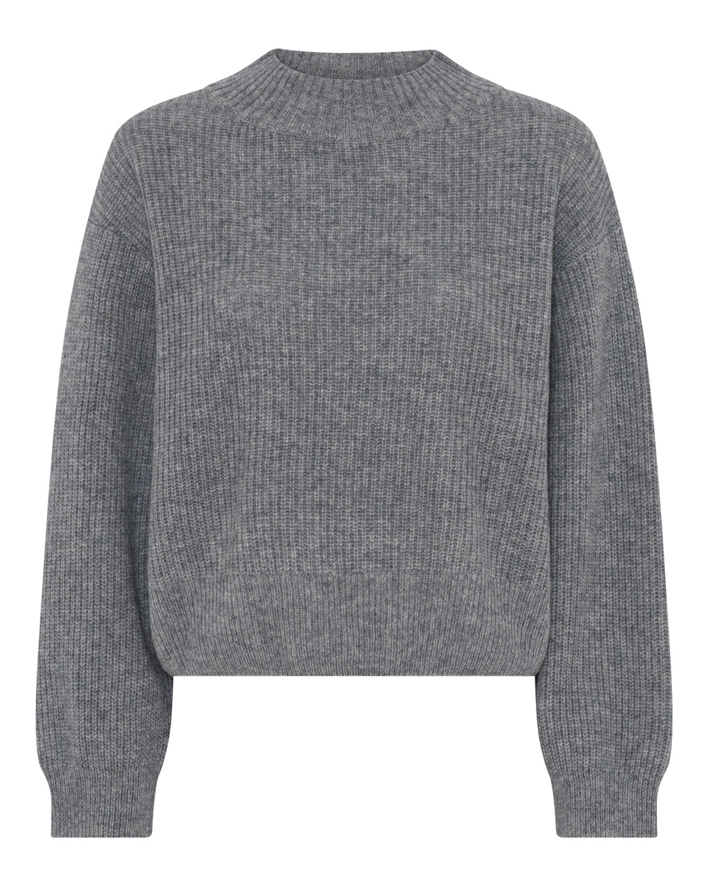 La Rouge Sisse Knit Sweater i grey melange med rund hals, boxy pasform og brede ribkanter – blød, varm og elegant til hverdag og kølige dage.
