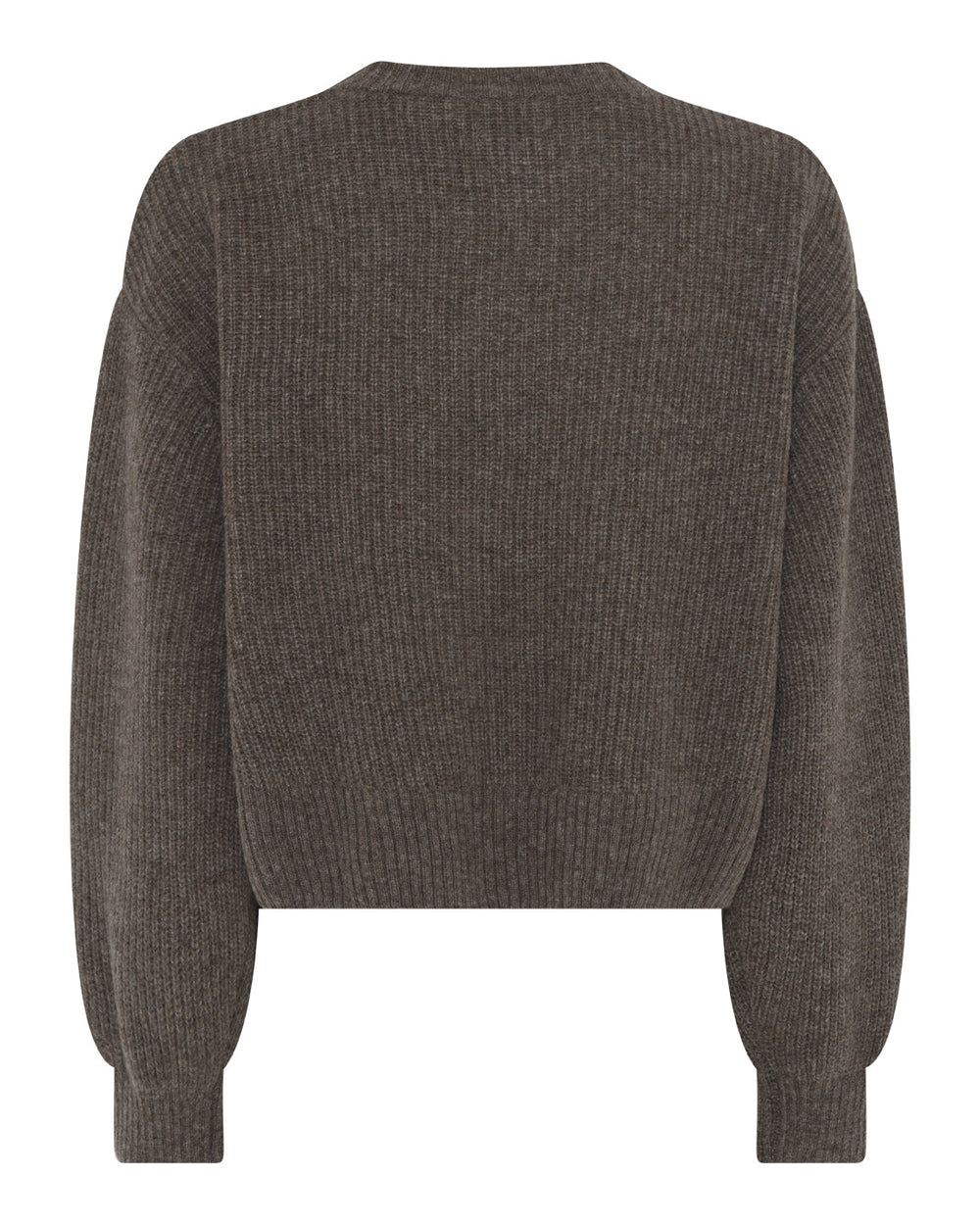 La Rouge Sisse Cardigan i brown melange – kort, luksuriøs cardigan i 90% ultrafine wool og 10% yak down med rund hals og brede ribkanter.
