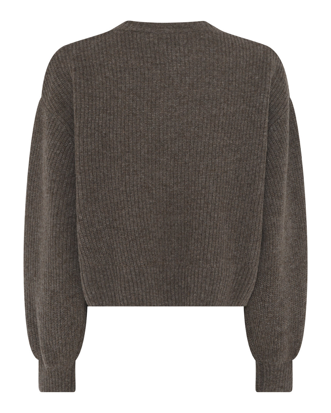 La Rouge Sisse Cardigan i brown melange – kort, luksuriøs cardigan i 90% ultrafine wool og 10% yak down med rund hals og brede ribkanter.
