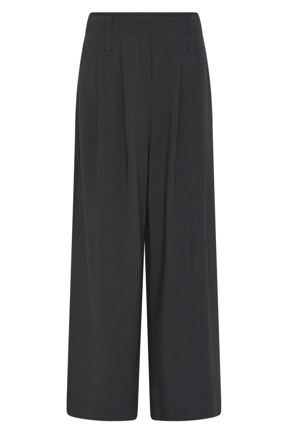 La Rouge Trine Pants i dark grey – elegante bukser med høj talje, brede ben, pressefolder, bæltestropper og skjult lukning.
