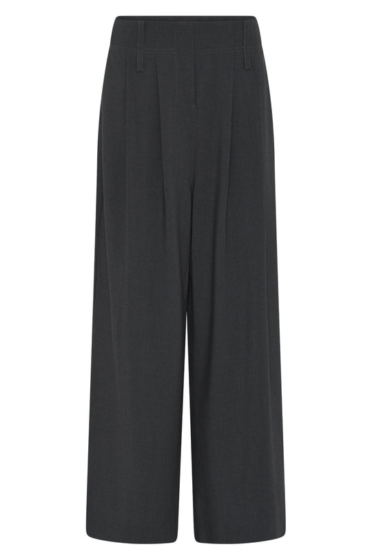 La Rouge Trine Pants i dark grey – elegante bukser med høj talje, brede ben, pressefolder, bæltestropper og skjult lukning.
