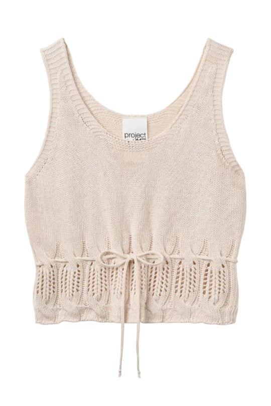 Project AJ117 Vaka striktop i CHALK med cropped pasform og bindebånd.