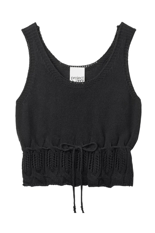 Project AJ117 Vaka striktop i sort med cropped pasform og bindebånd.