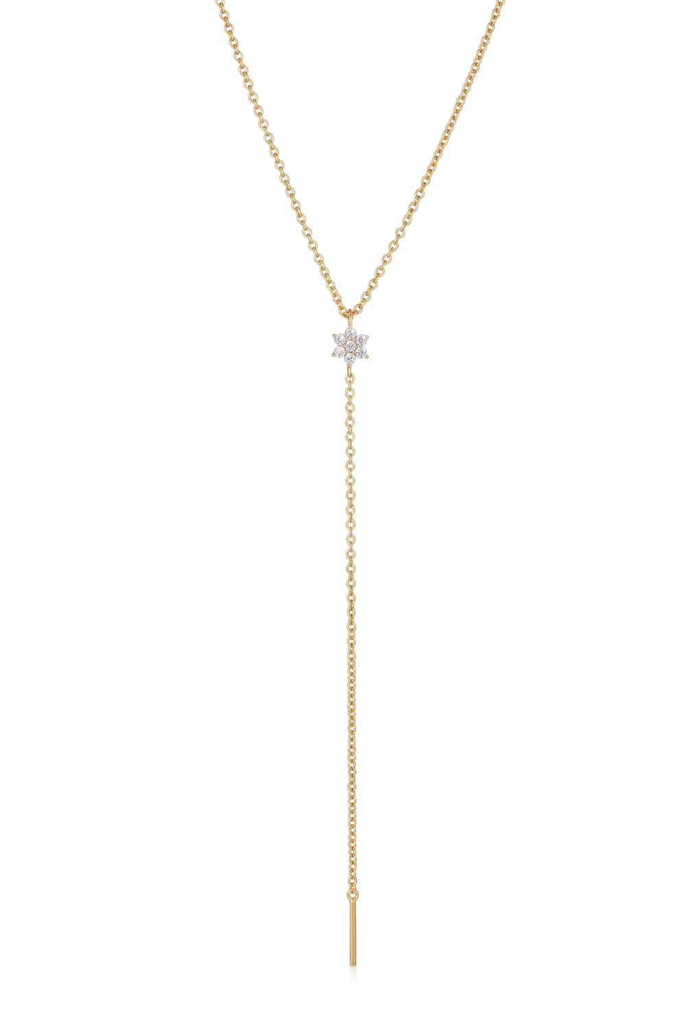 Alura Copenhagen Venus Y-Chain 01 – forgyldt sterling sølv halskæde med zirkonia og forlængelseskæde på 40+10 cm samt blomstedetalje.
