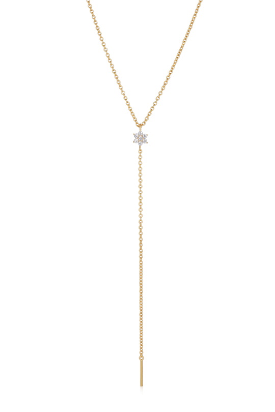 Alura Copenhagen Venus Y-Chain 01 – forgyldt sterling sølv halskæde med zirkonia og forlængelseskæde på 40+10 cm samt blomstedetalje.
