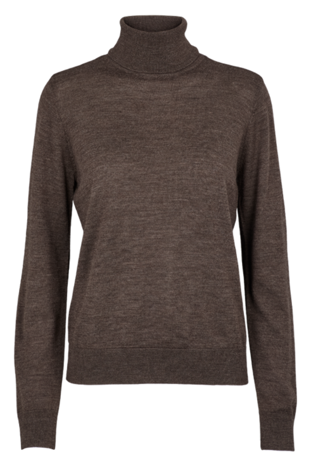 Basic Apparel Vera Roll Neck i brown melange – rullekravesweater i 100% merinould med afslappet pasform og blød, let kvalitet.
