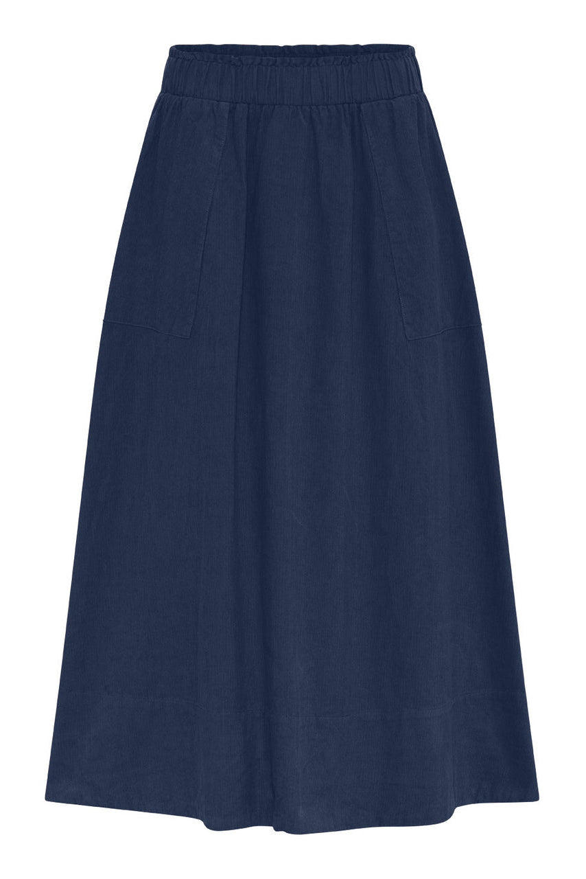 LA RŌUGE Vilma Skirt i navy babyfløjl – corduroy nederdel i 100% bomuld med flatterende pasform og sporty twist.
