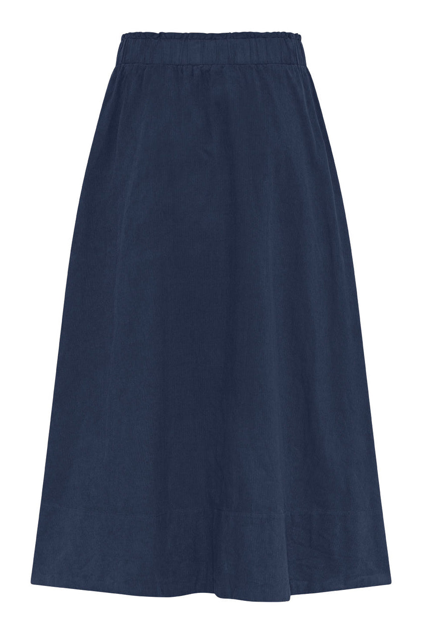 LA RŌUGE Vilma Skirt i navy babyfløjl – corduroy nederdel i 100% bomuld med flatterende pasform og sporty twist.
