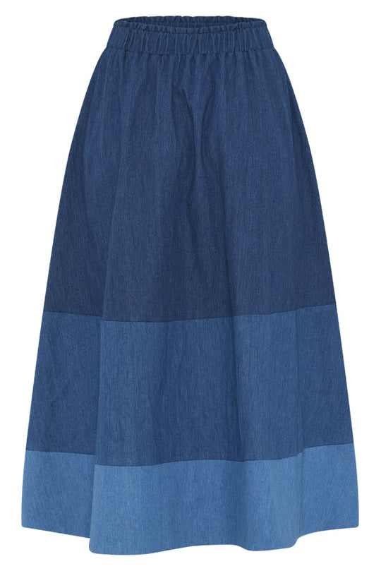 La Rouge Vita denimnederdel med patchwork i forskellige denimkvaliteter.