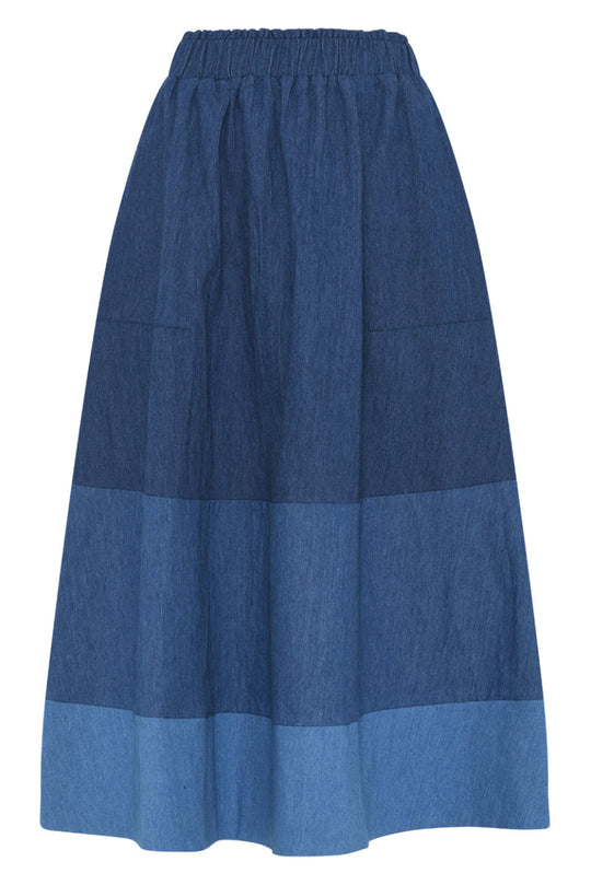 La Rouge Vita denimnederdel med patchwork i forskellige denimkvaliteter.