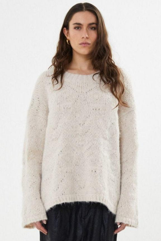 Rabens Saloner Elsie Dual Knit Oversize Sweater i Beige - Luksuriøs Uldstrik til Koldt Vejr