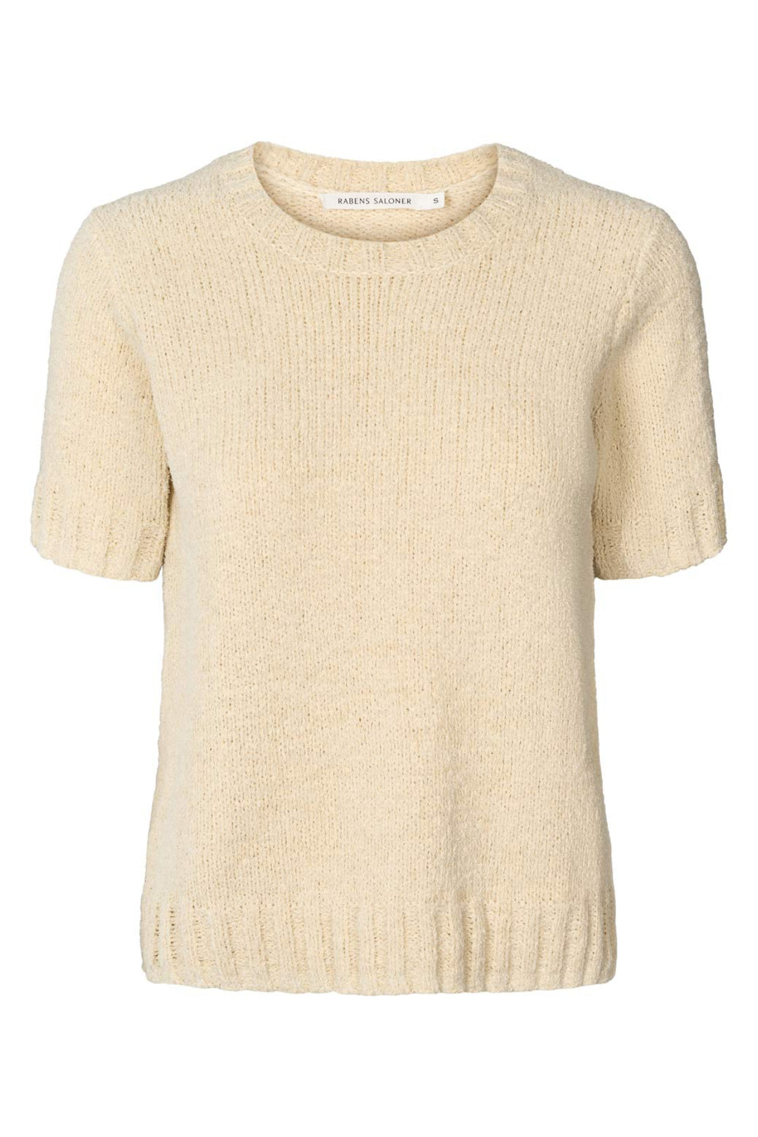 Rabens Saloner Elka Towelling Knit T-shirt i sand med rund hals, korte ærmer og blød frottéstruktur.