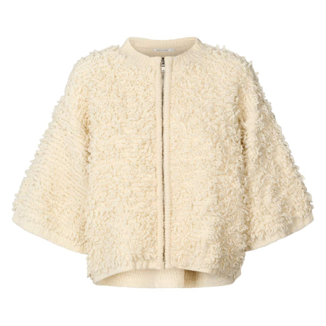 Rabens Saloner Alice Cardigan i off white – kort oversized lammeuldsstrik med lynlås og ribkanter.