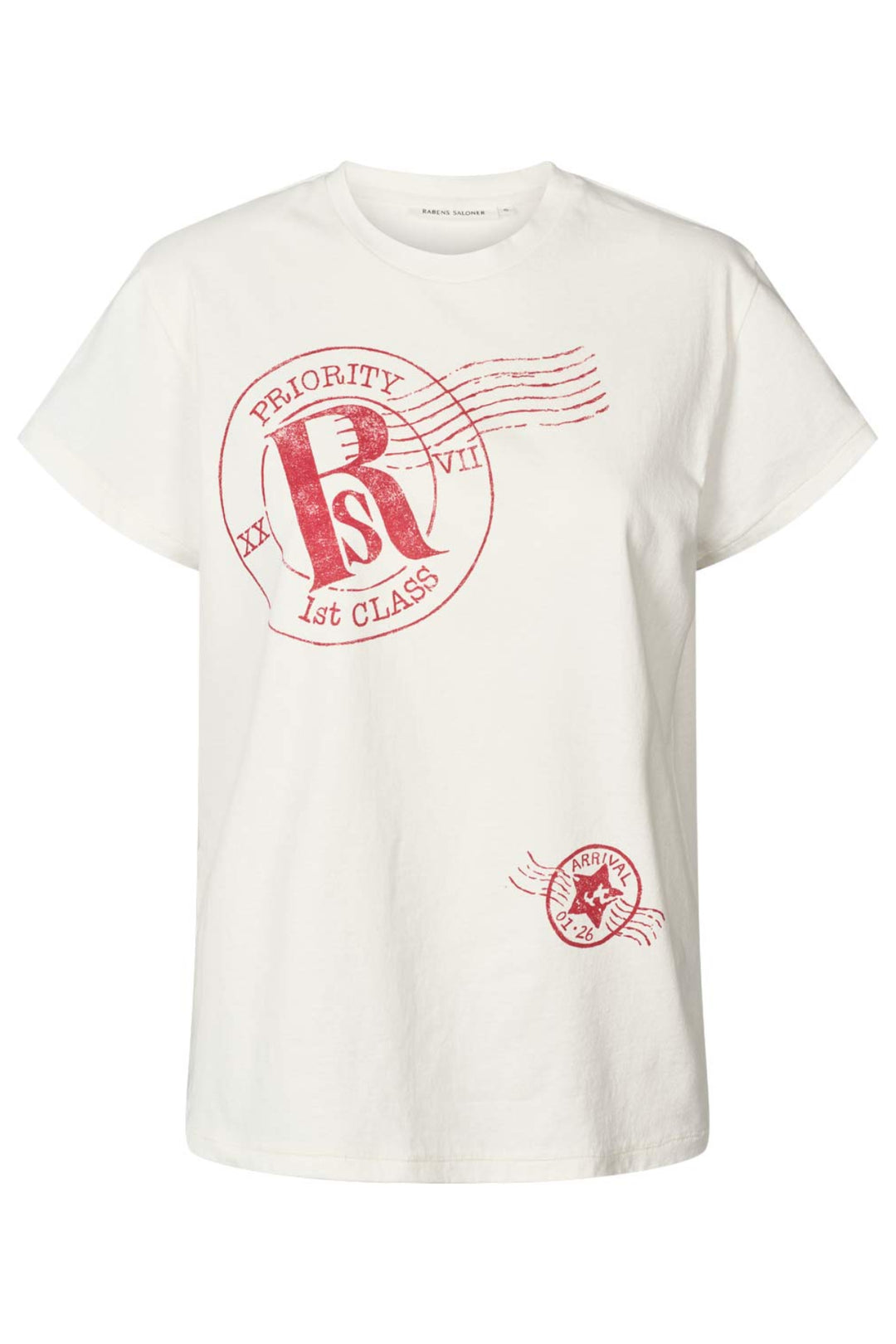 Rabens Saloner Ambla Postal T-shirt i chalk – bomulds t-shirt med vintage-inspireret print og afslappet pasform.