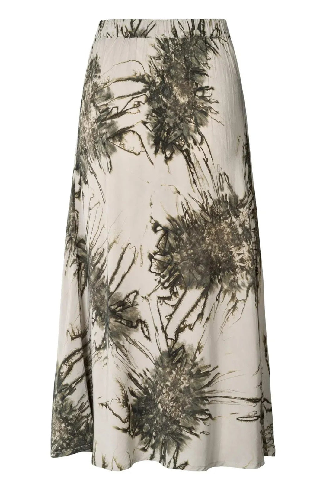 Rabens Saloner Elmi Sea Urchin Crop Bias Skirt i Grey Combo – håndfarvet lang nederdel i viskose med bias-snit og elastisk talje.