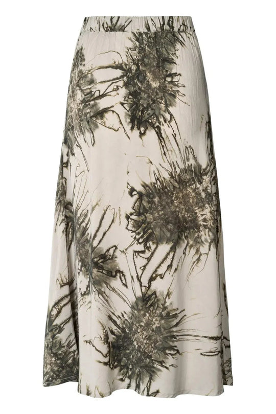Rabens Saloner Elmi Sea Urchin Crop Bias Skirt i Grey Combo – håndfarvet lang nederdel i viskose med bias-snit og elastisk talje.