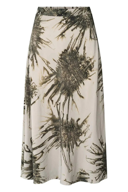 Rabens Saloner Elmi Sea Urchin Crop Bias Skirt i Grey Combo – håndfarvet lang nederdel i viskose med bias-snit og elastisk talje.